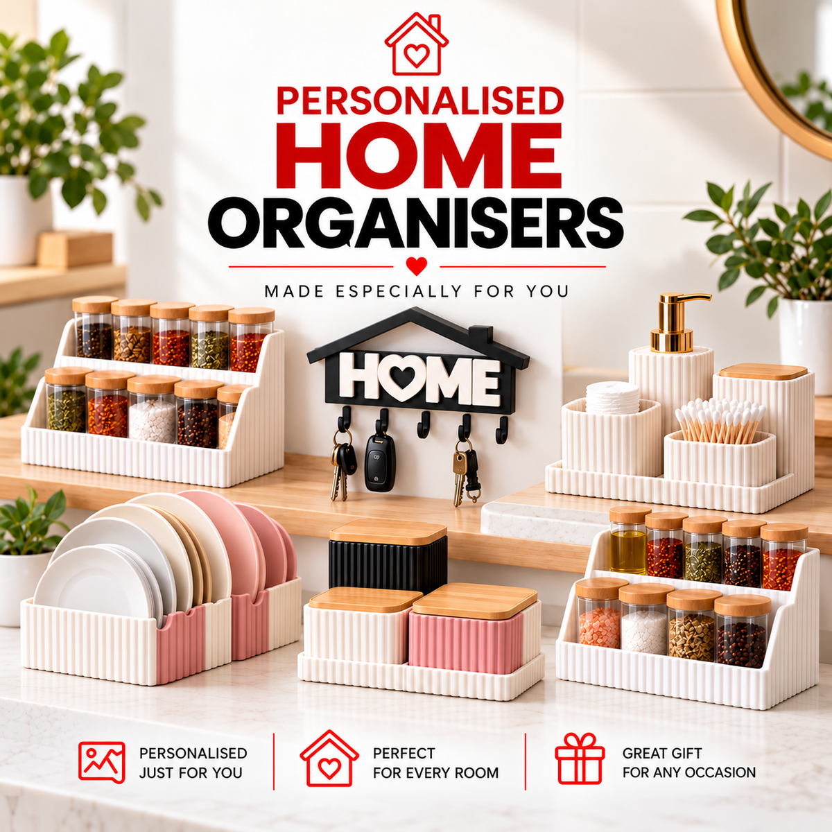 Personalised Home Organisers collection featuring kitchen storage, bathroom organisers and a key holder