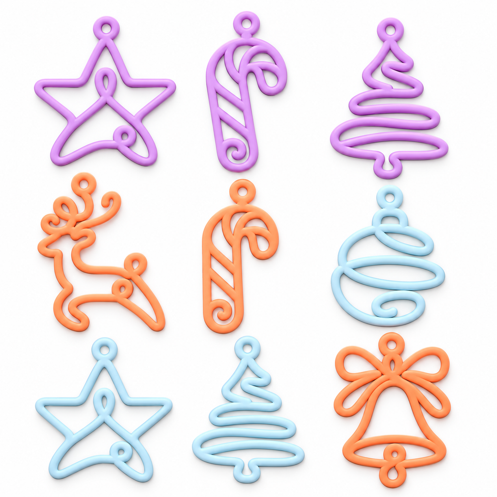 Set of nine Christmas decorations in lilac, peach and light blue with stars, candy canes, trees, reindeer, bauble and bell