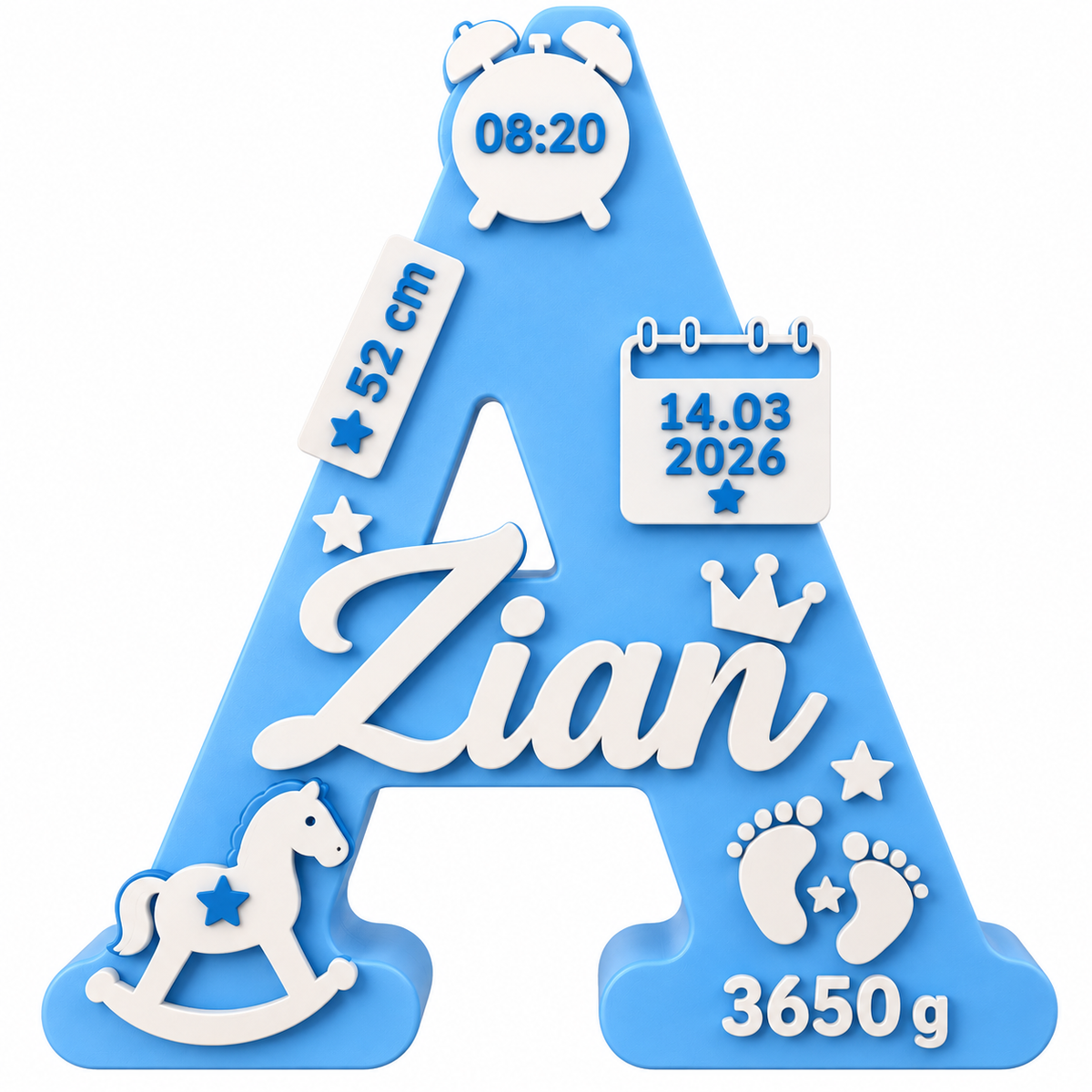 Personalised baby birth letter with custom name, colour and birth details - product view