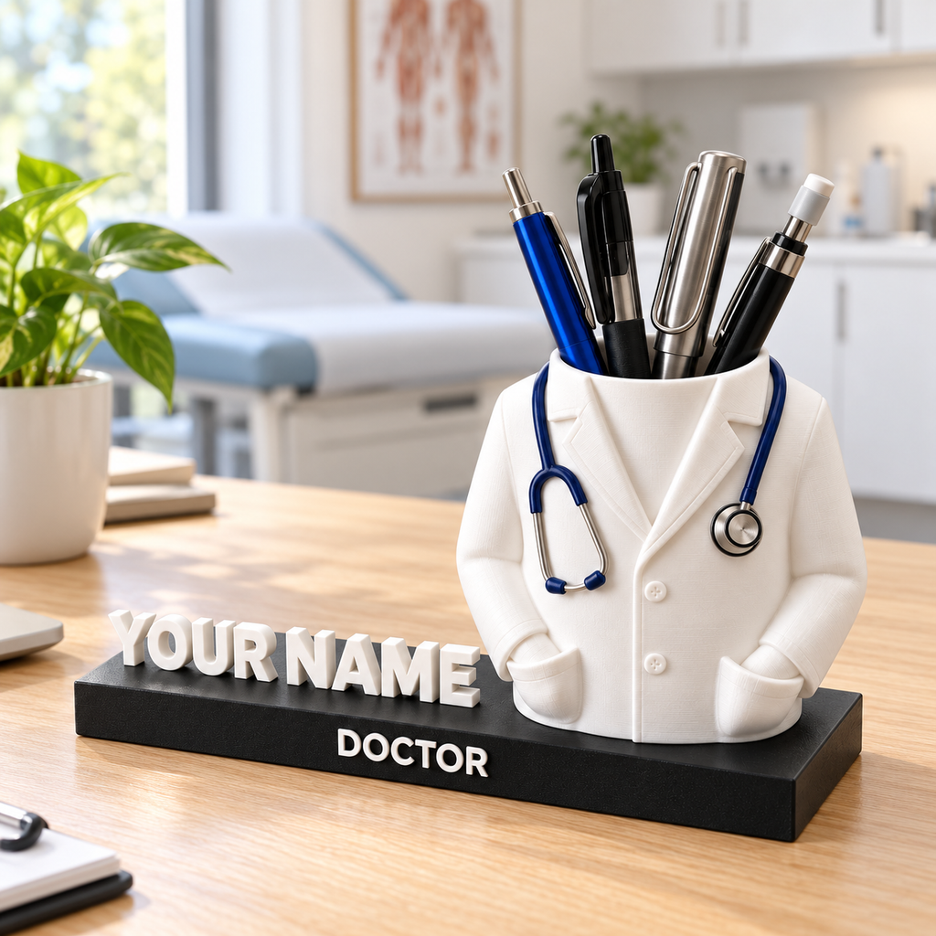 Personalised doctor pen holder with name displayed on a desk in a medical office setting.