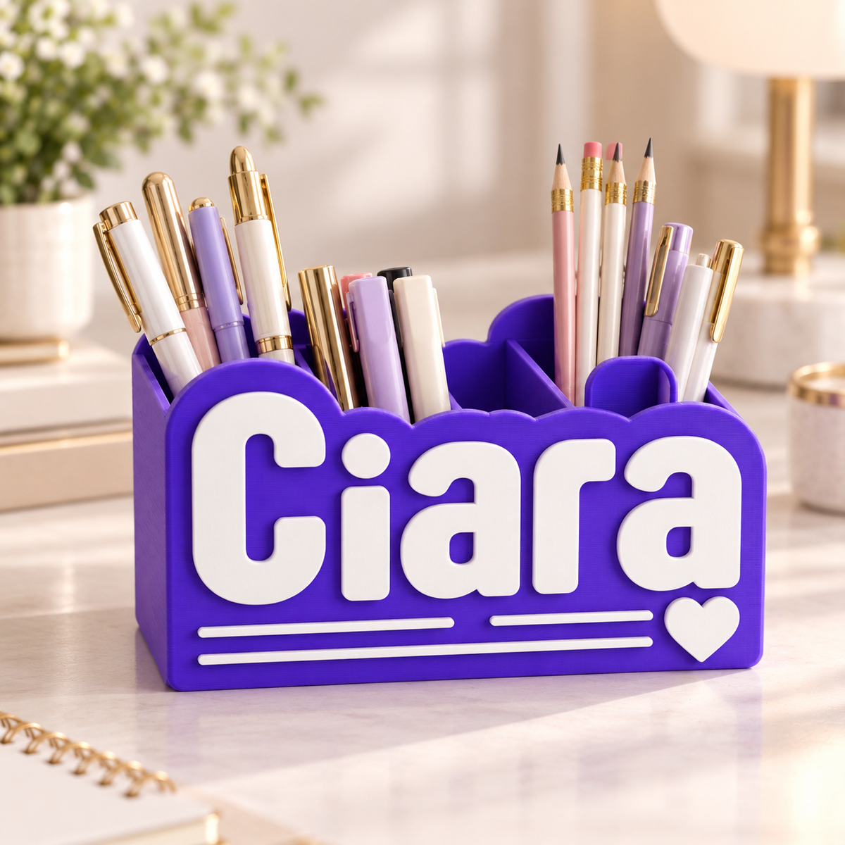 Purple and white personalised Ciara desk organiser with divided compartments and heart detail