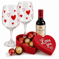 Valentine's gift kit with heart wine glasses, wine bottle and Love You heart box with Lindor and Ferrero Rocher