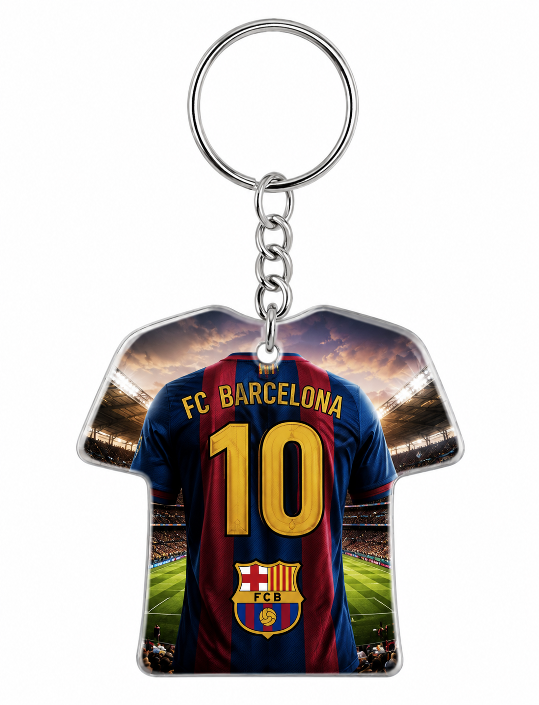Personalised football shirt shaped keyring with team colours and number