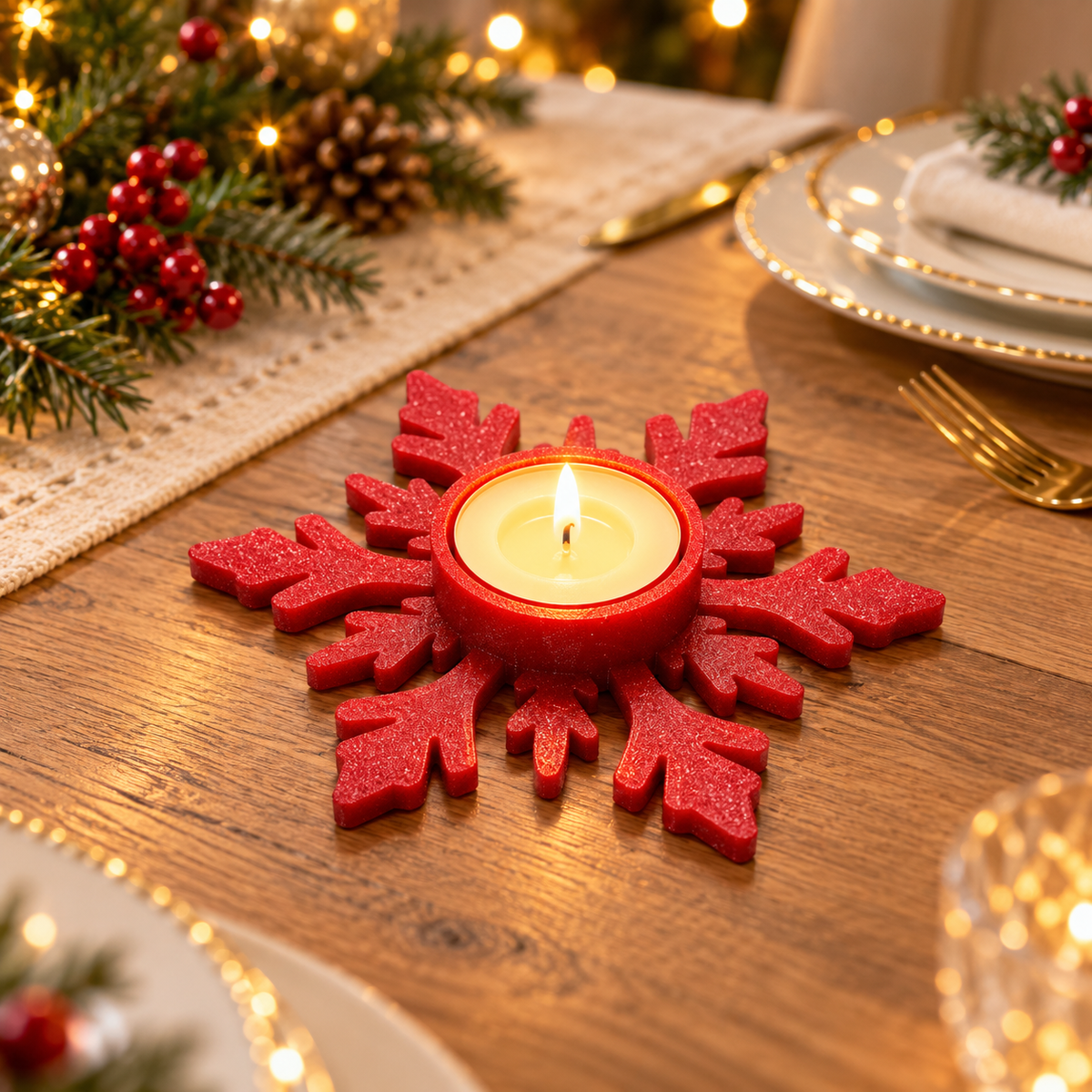 Red snowflake candle holder styled on a festive dining table
