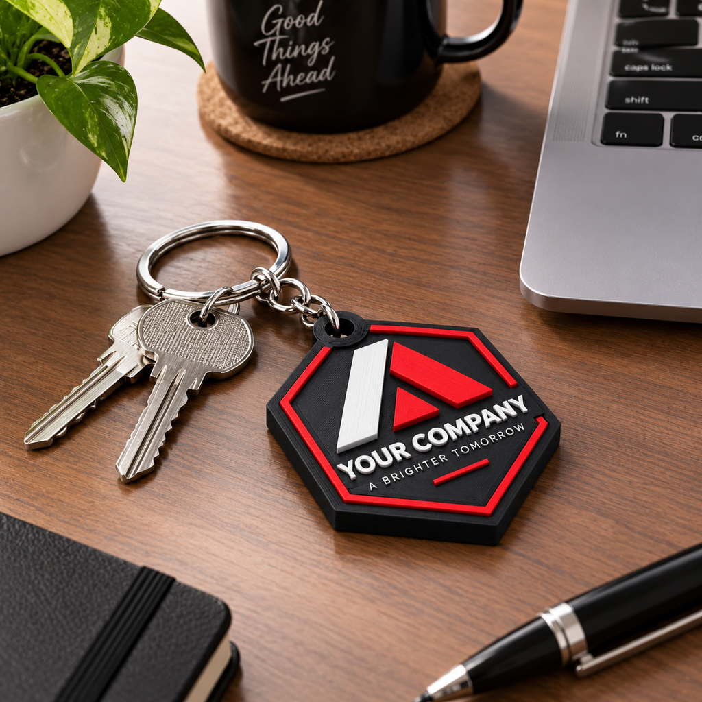 Custom branded keyring on desk lifestyle shot