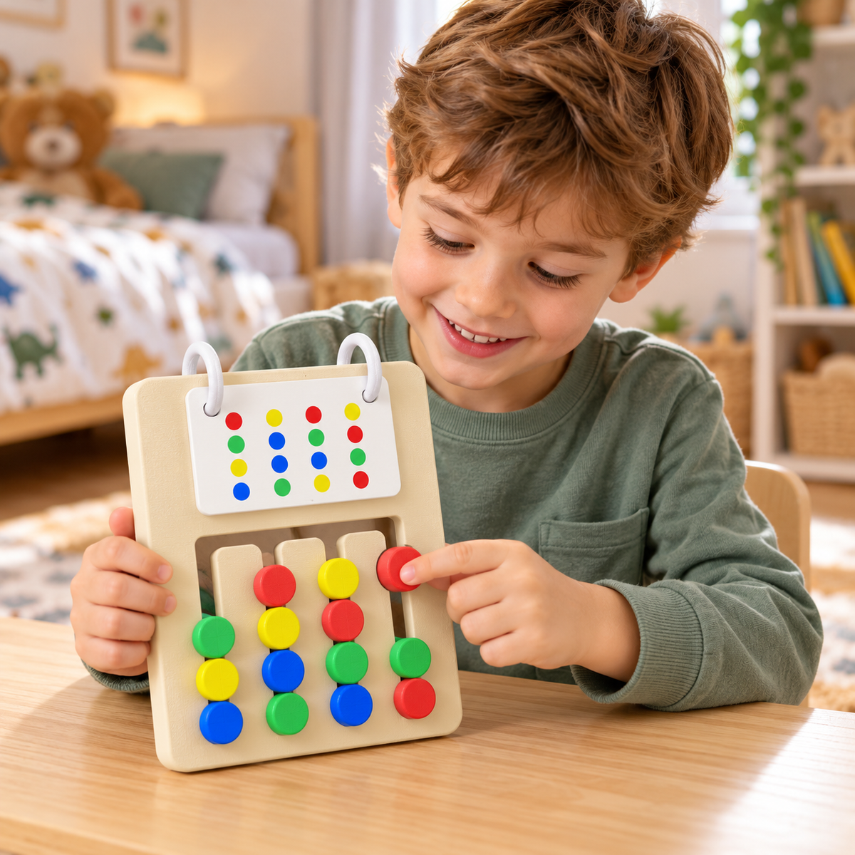 Child playing with a colour-matching and pattern activity board