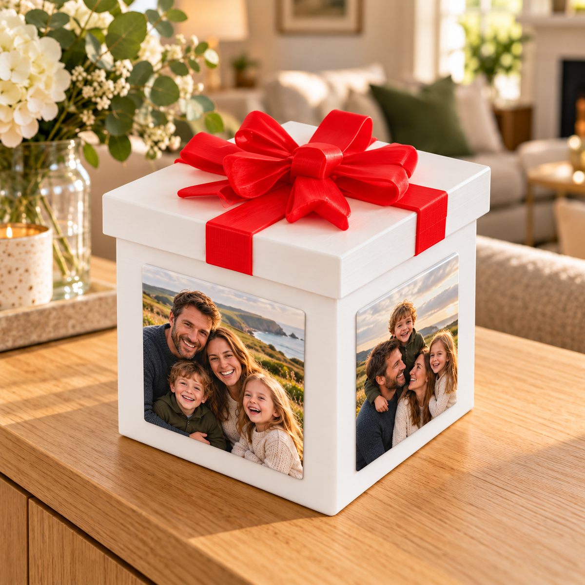 Personalised photo magnet gift box displayed on a wooden table