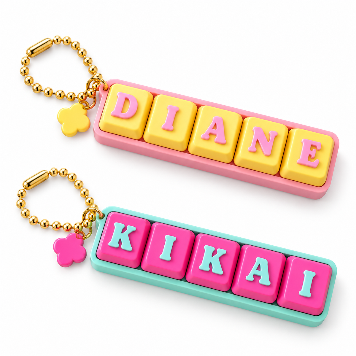 Personalised name keyrings with colourful letter blocks, flower charms and gold-tone ball chains