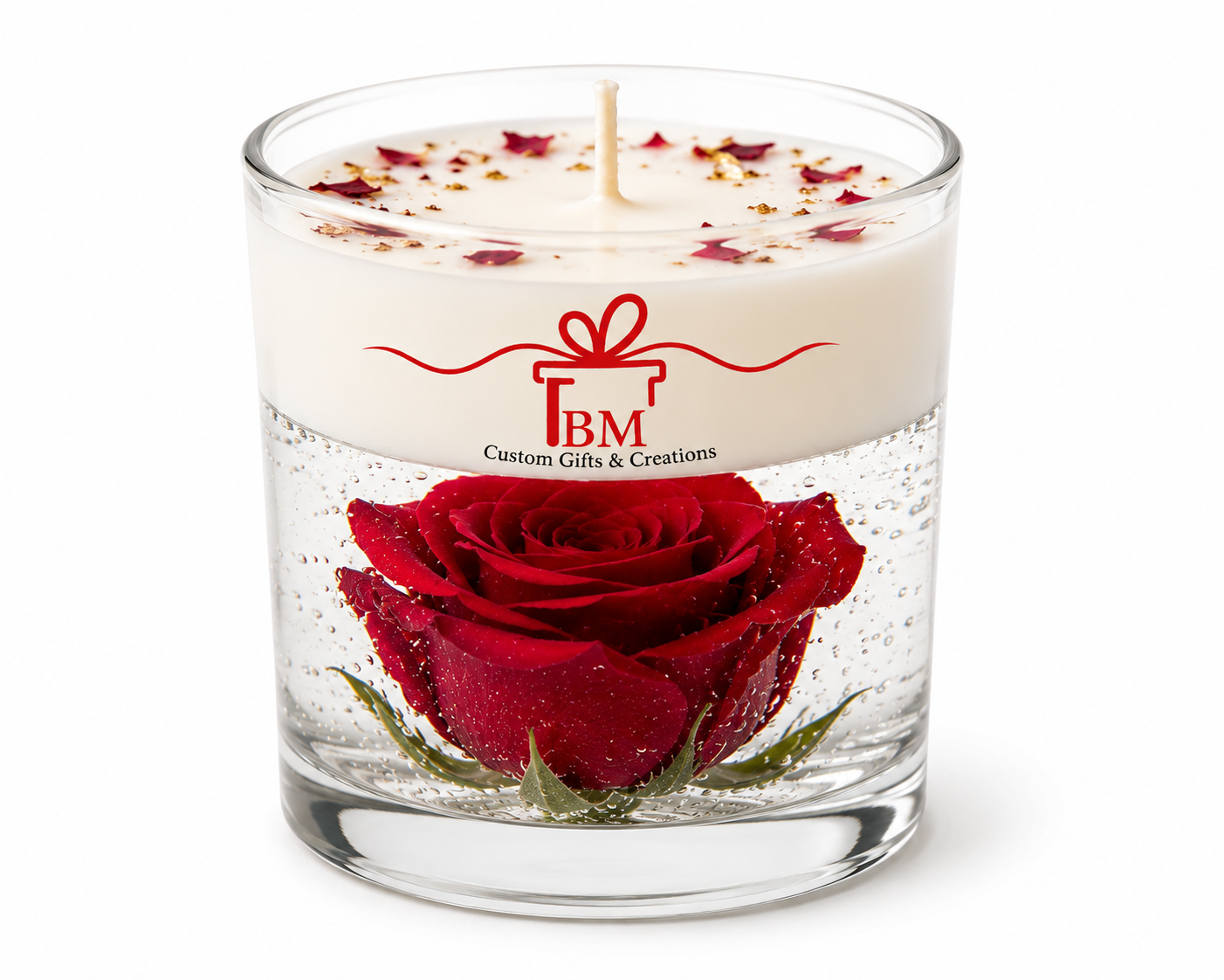 Rose Garden soy wax candle with red rose and gold flakes in glass jar