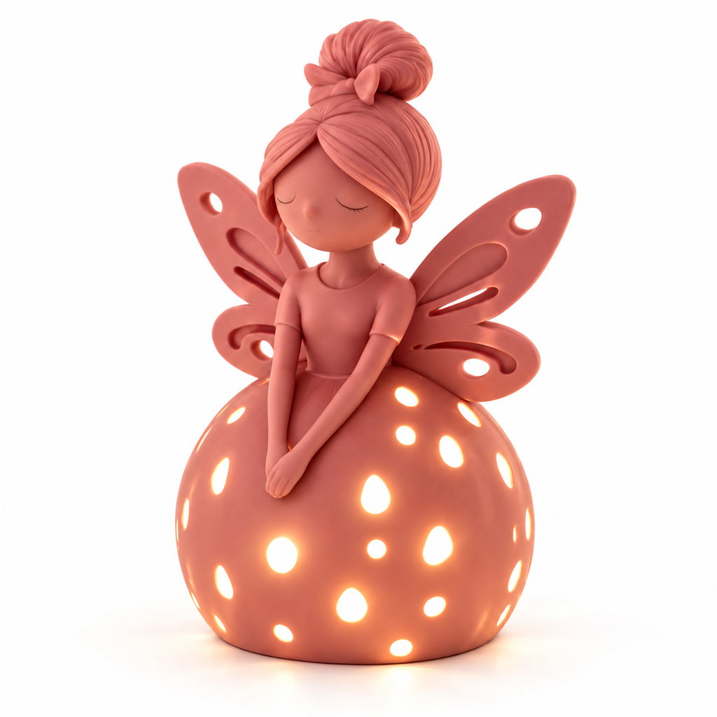 Pink fairy lamp with sculpted wings and a rounded skirt with illuminated decorative cut-outs