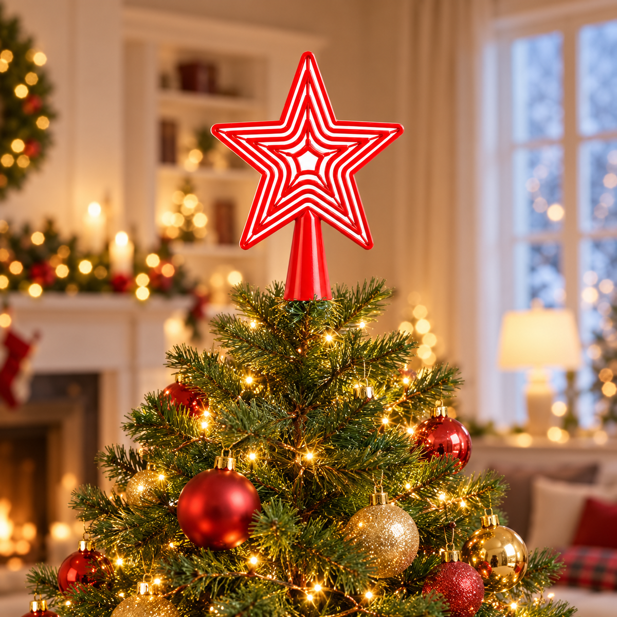 Red star topper displayed on a decorated Christmas tree; tree and decorations not included