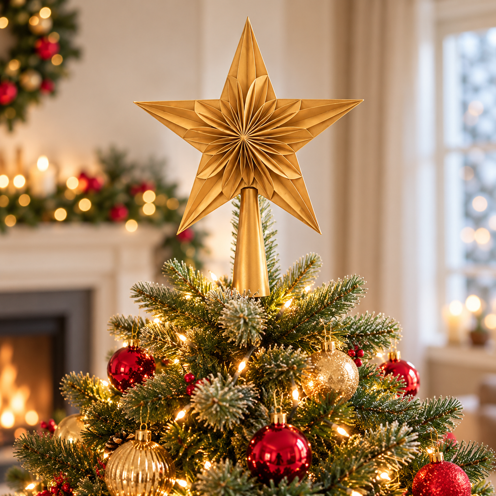 Gold star topper displayed on a decorated Christmas tree; other decorations not included