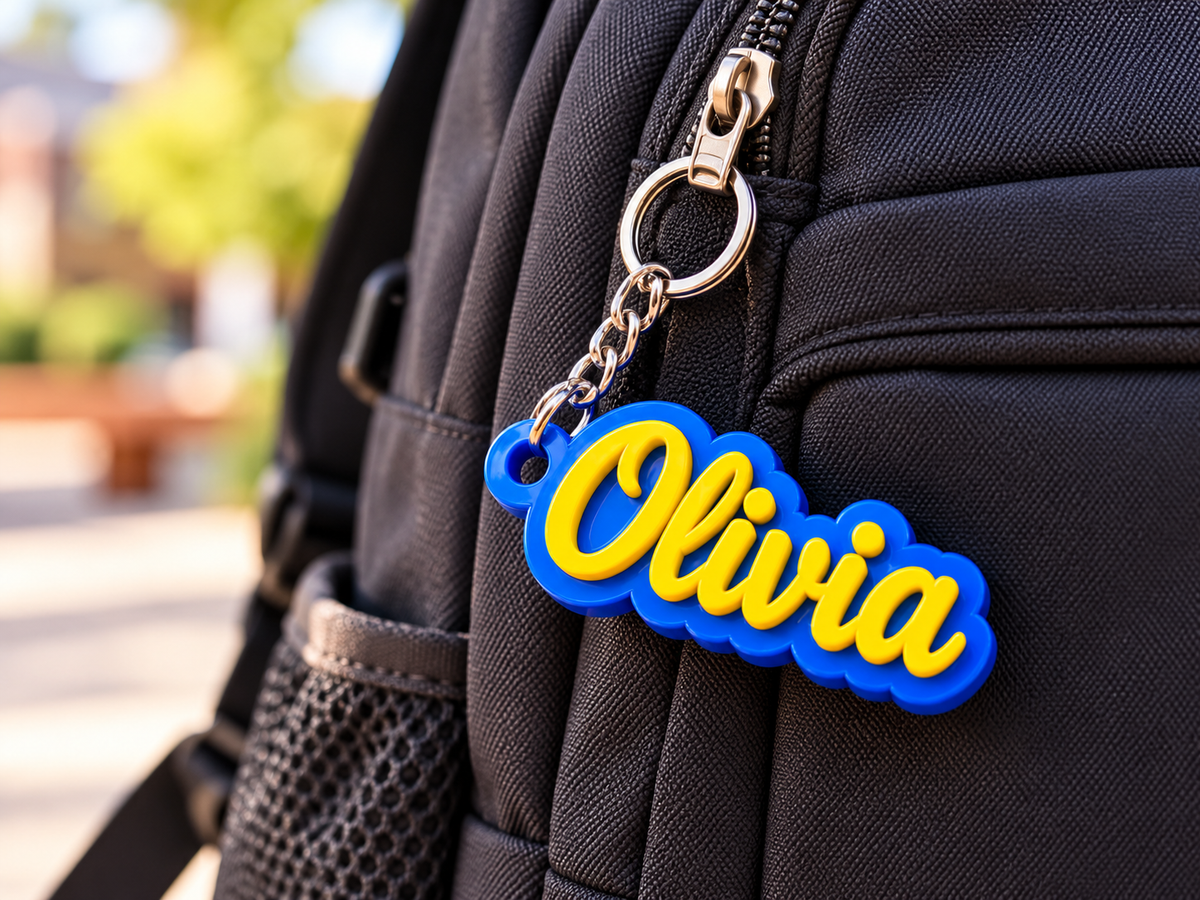 Personalised Olivia script name keyring displayed on a black backpack; backpack not included