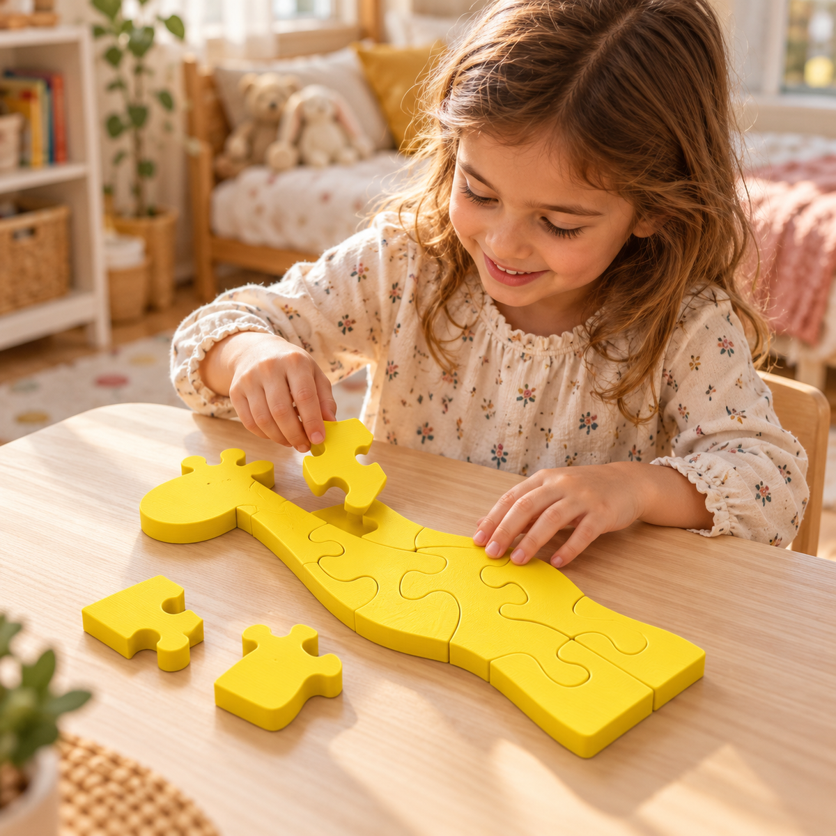 Child assembling a yellow giraffe-shaped jigsaw puzzle at a table