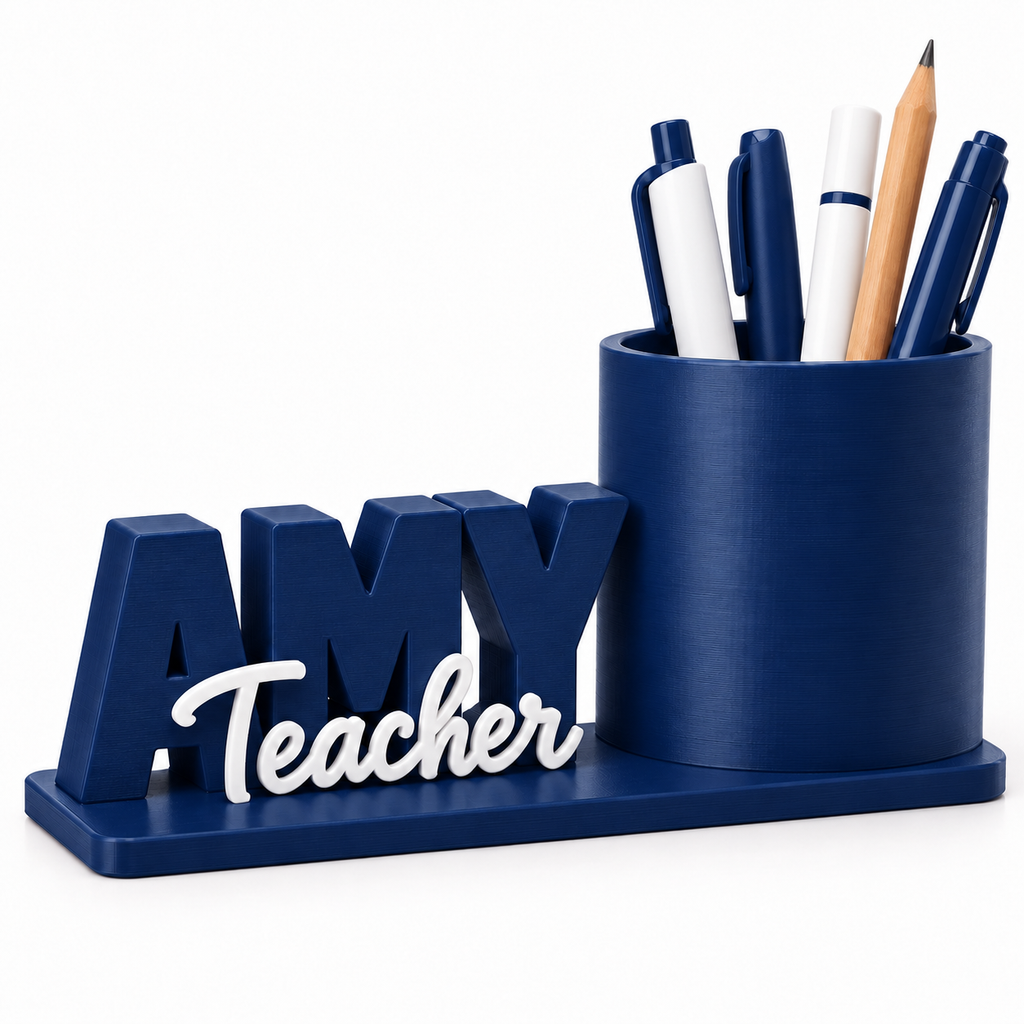 Personalised teacher name pen holder displayed on a classroom desk
