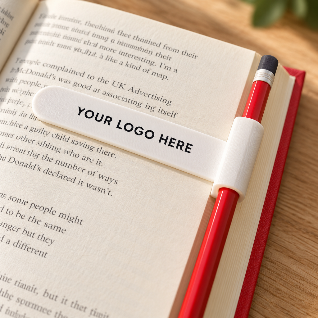 White reading marker with integrated pencil holder shown with a red pencil