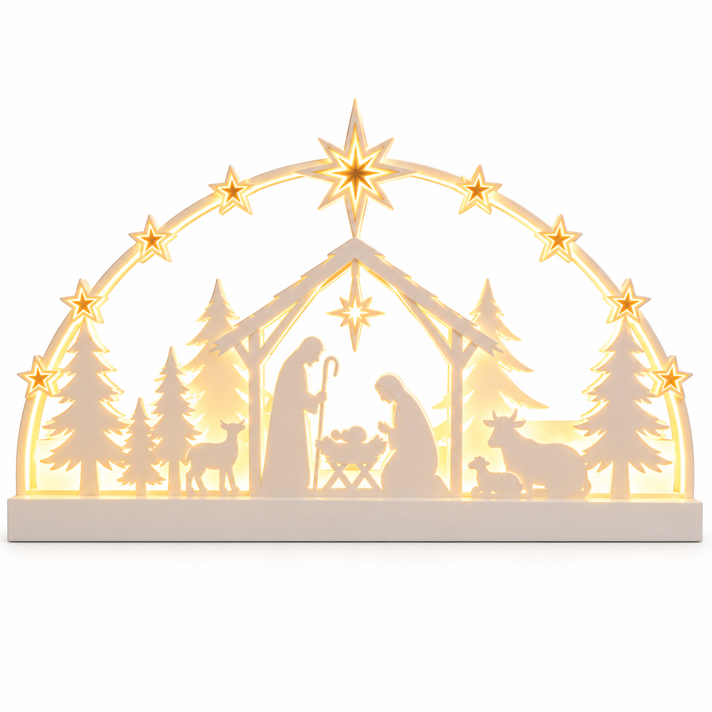 White nativity scene with Holy Family, trees and a star-decorated arch, shown illuminated