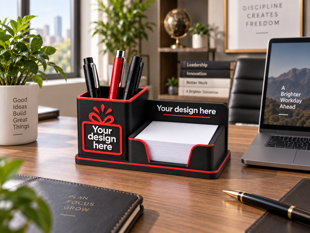 Custom branded desk organiser on office desk lifestyle shot