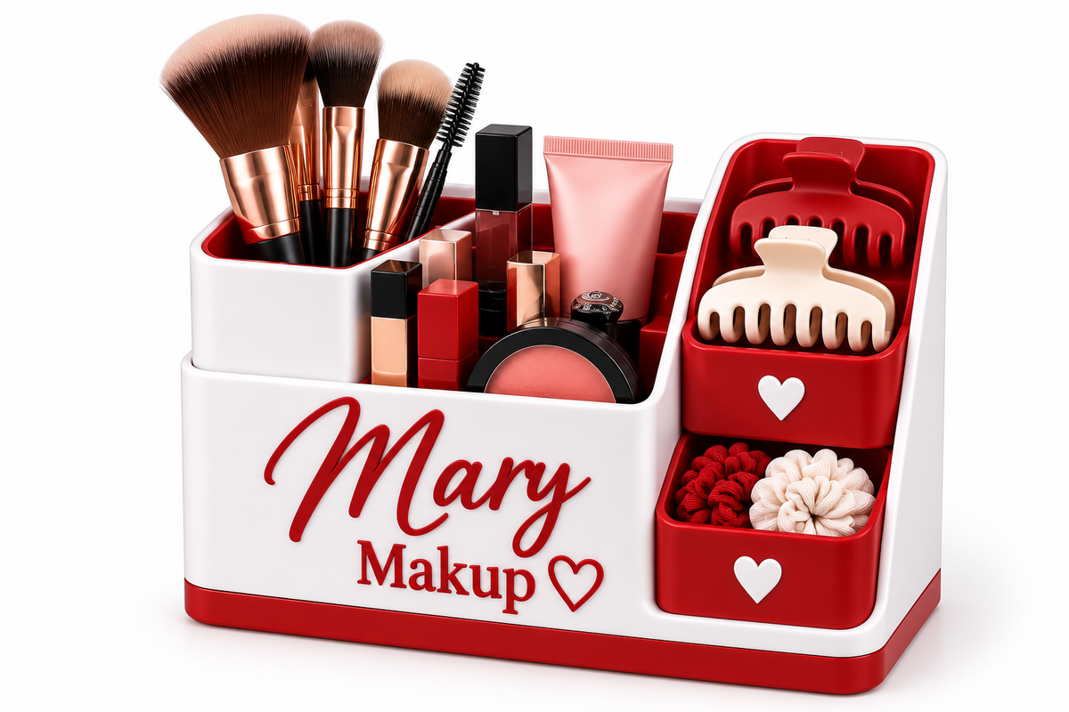 Personalised makeup organiser close-up with name embossed in red