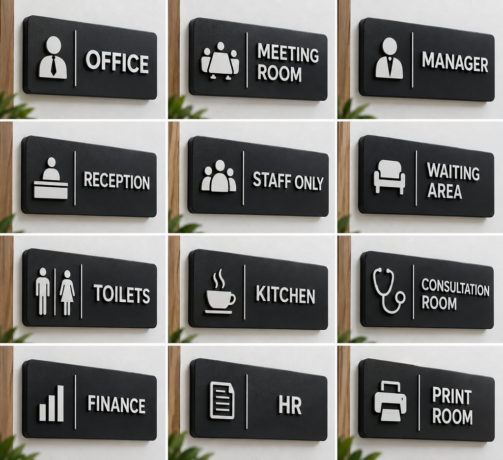 Range of personalised black office door signs including Office, Reception, Kitchen and Meeting Room