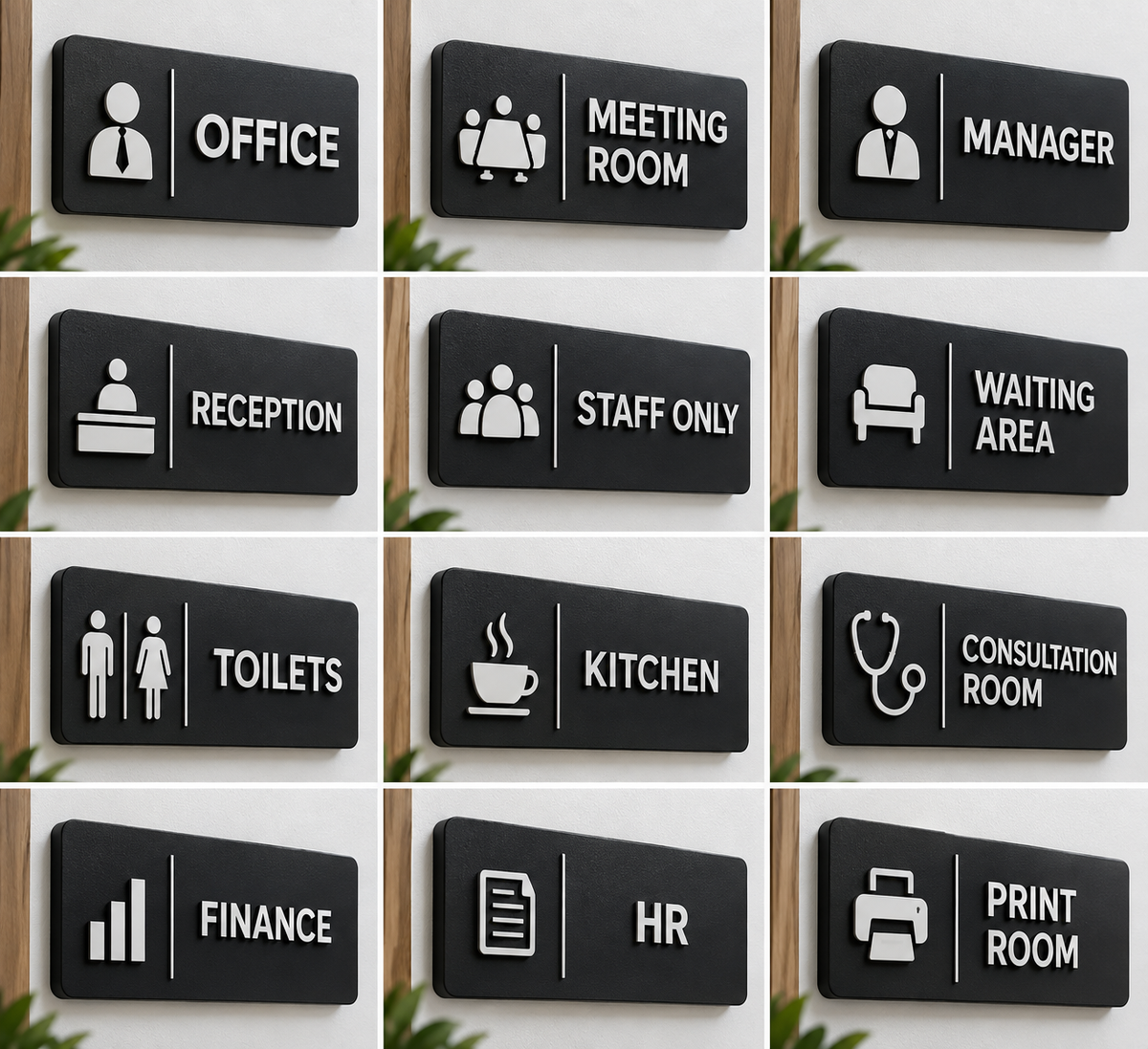 Range of personalised black office door signs including Office, Reception, Kitchen and Meeting Room