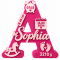 Pink personalised letter A with baby name Sophia, birth date, time, length and weight