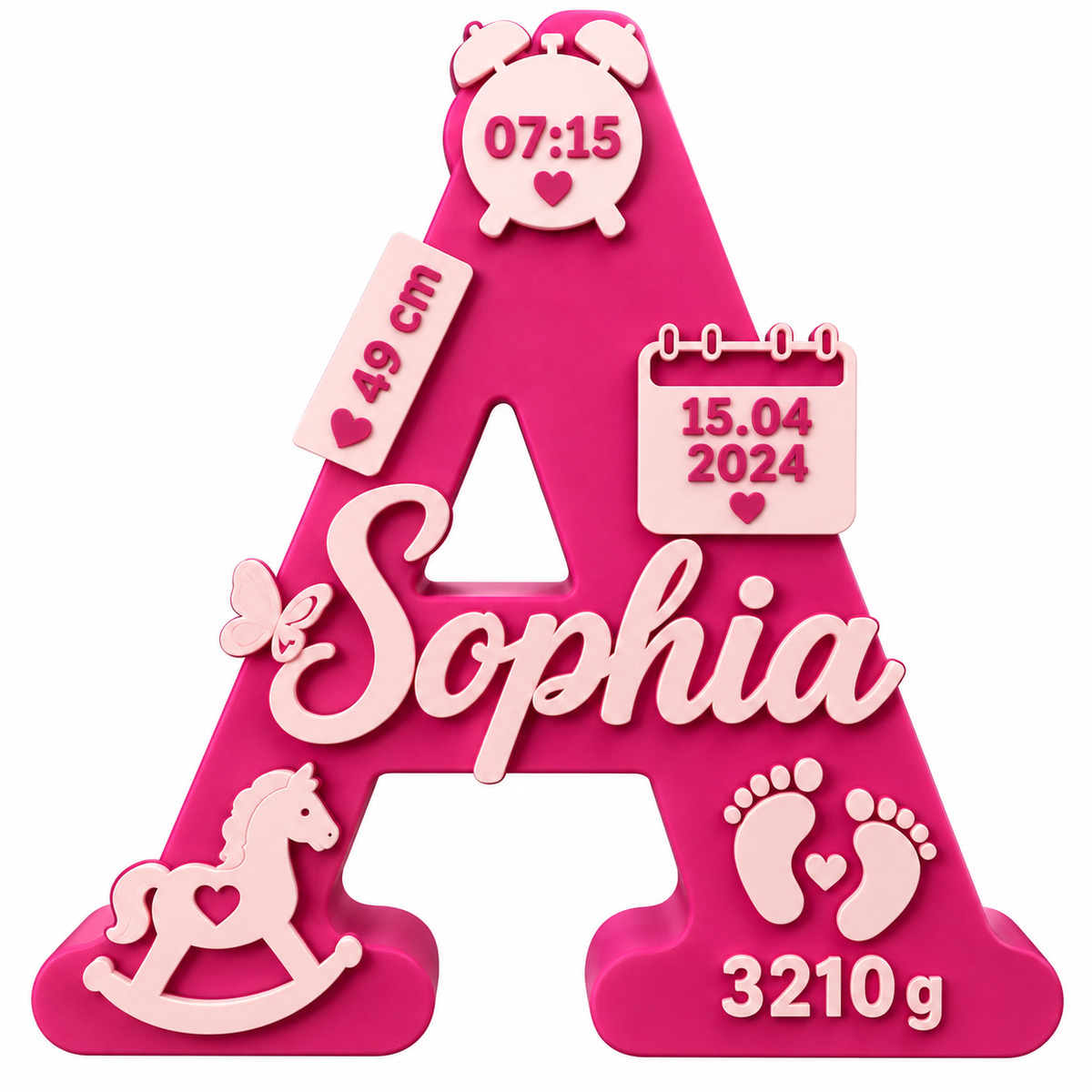 Pink personalised letter A with baby name Sophia, birth date, time, length and weight