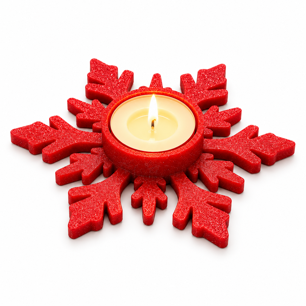 Red snowflake-shaped candle holder with a tealight shown in the centre
