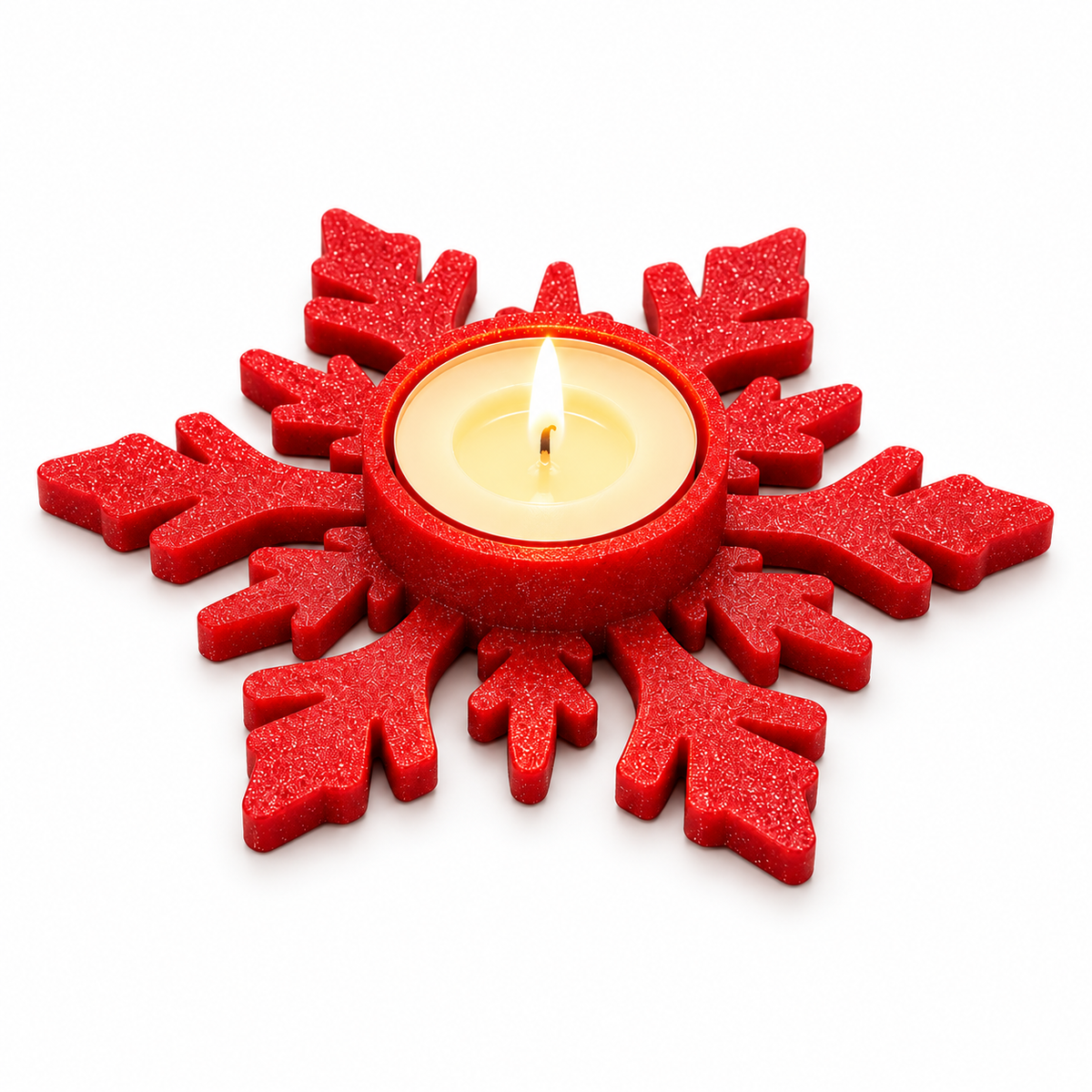 Red snowflake-shaped candle holder with a tealight shown in the centre
