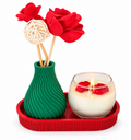 Kit com vaso verde espiral, base vermelha e vela aromática de soja