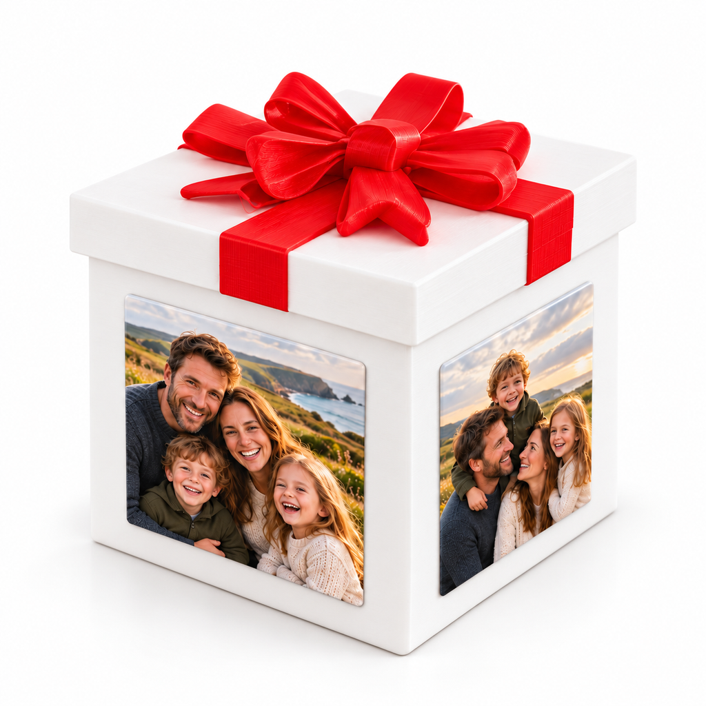 Personalised photo magnet gift box with a red bow on a white background