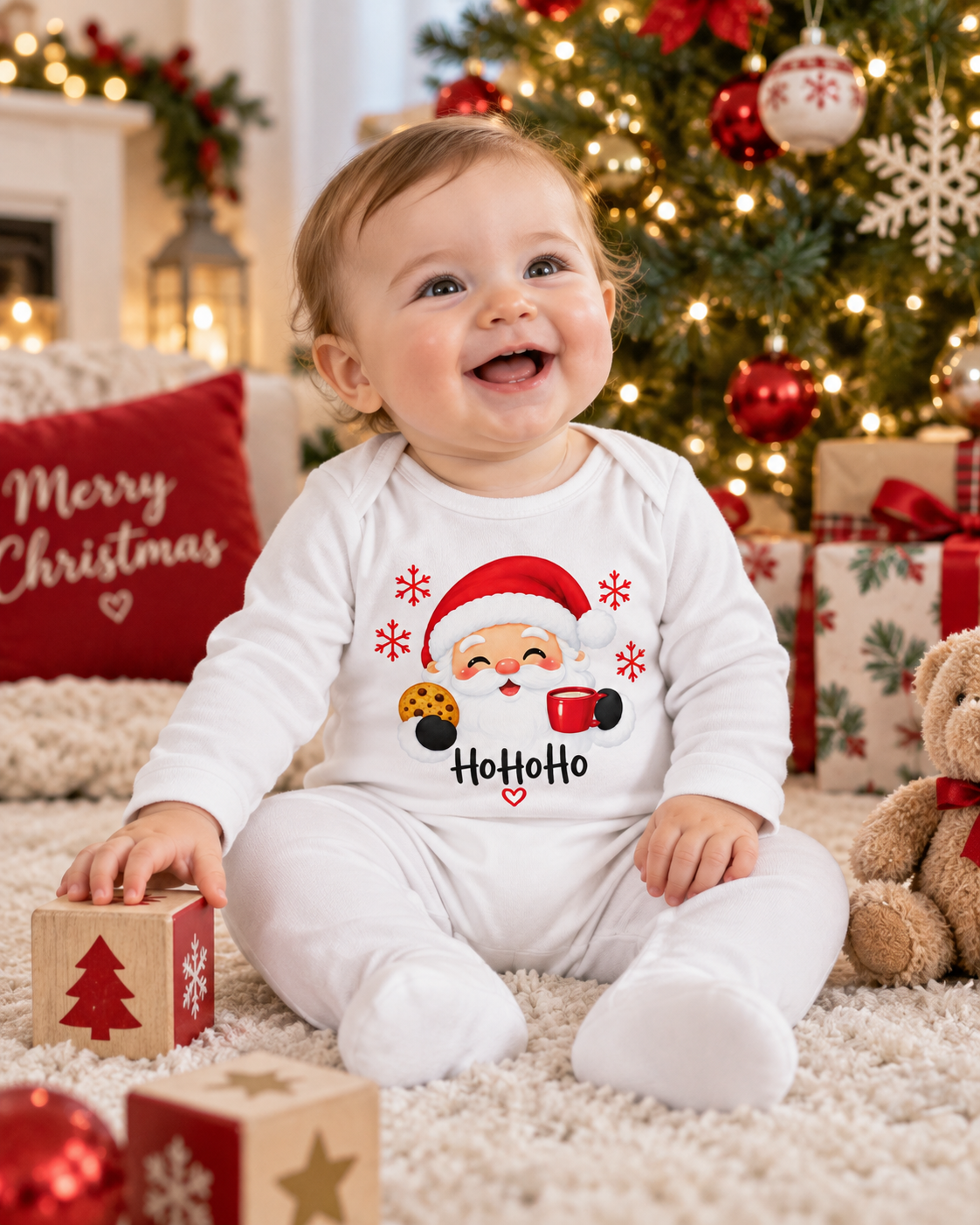 Happy baby wearing personalised Santa Ho Ho Ho Christmas sleepsuit in front of Christmas tree