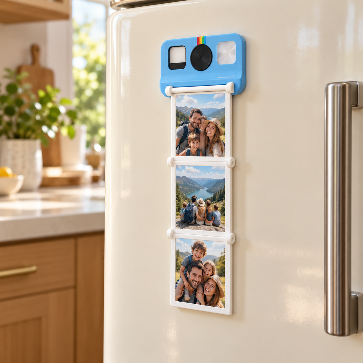 Camera-style fridge magnet with three example printed photos displayed on a fridge