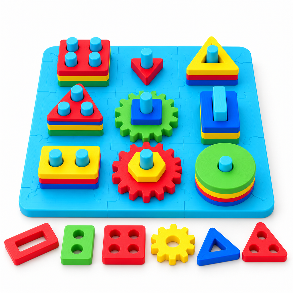 Colourful shape sorting and stacking activity board with geometric and gear-shaped pieces
