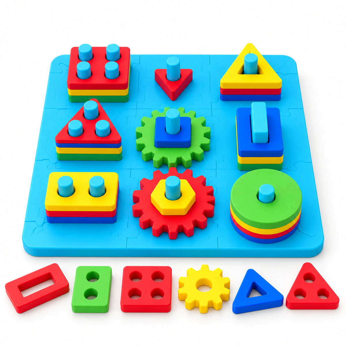 Colourful shape sorting and stacking activity board with geometric and gear-shaped pieces