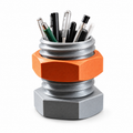 Grey and orange nut and bolt-style pen holder on a white background