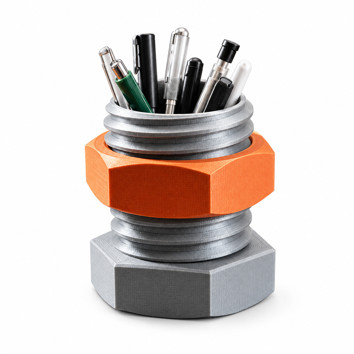 Grey and orange nut and bolt-style pen holder on a white background