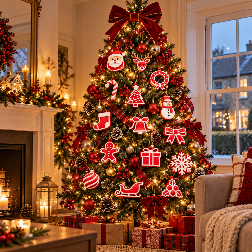 Fifteen Christmas ornament designs laid out in red and white
