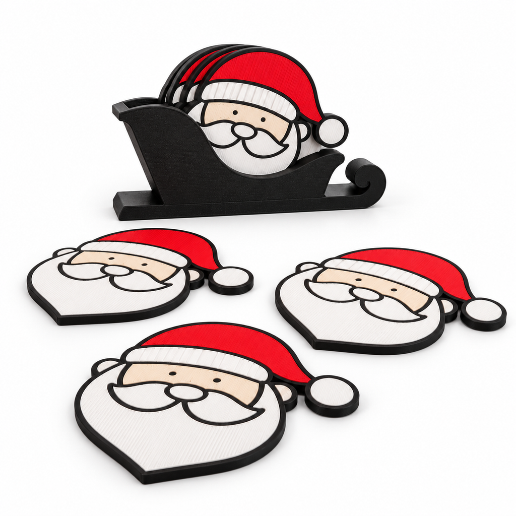 Santa Christmas coasters displayed on a wooden table with festive decorations