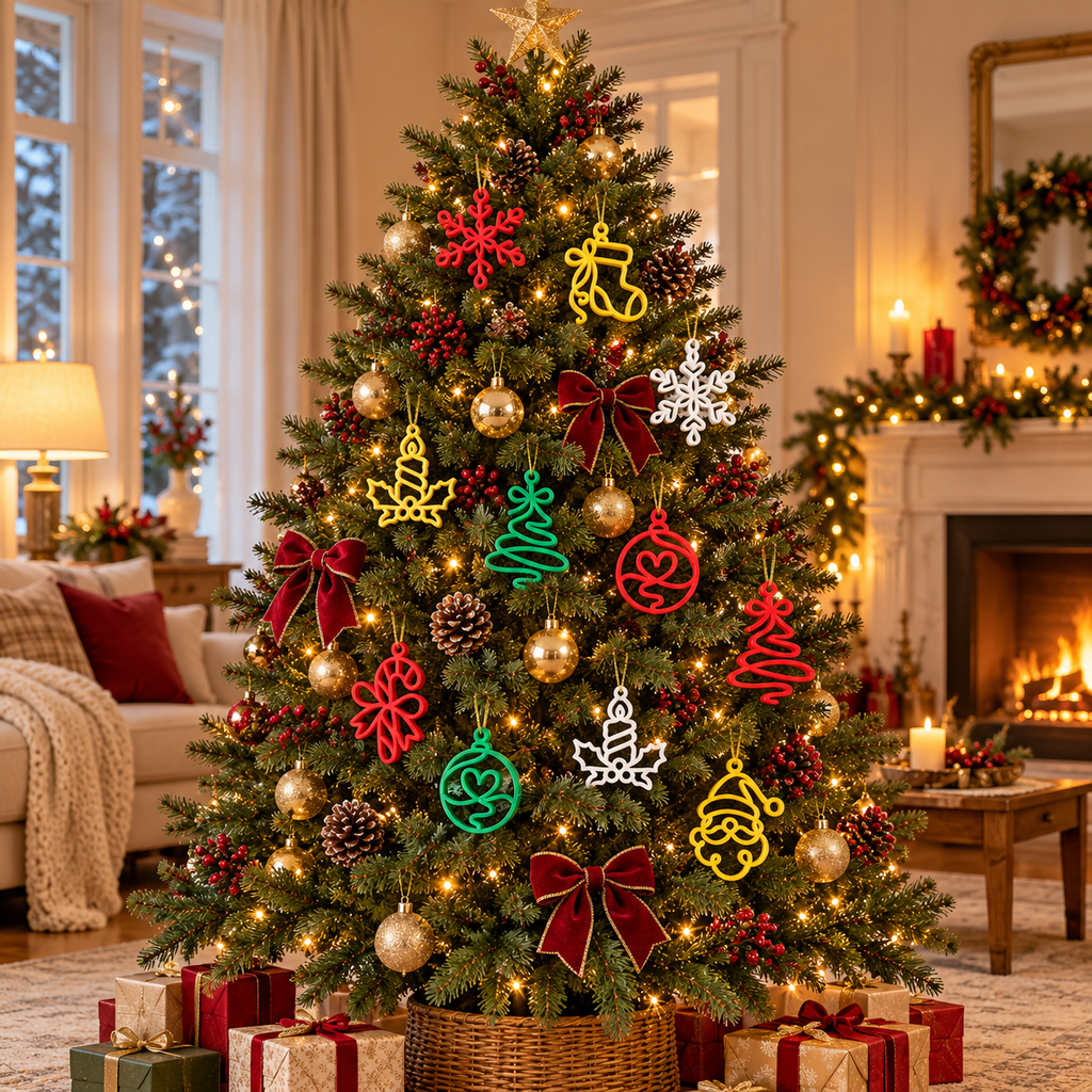Colourful festive ornaments displayed on a decorated Christmas tree