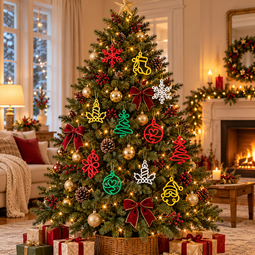 Colourful festive ornaments displayed on a decorated Christmas tree