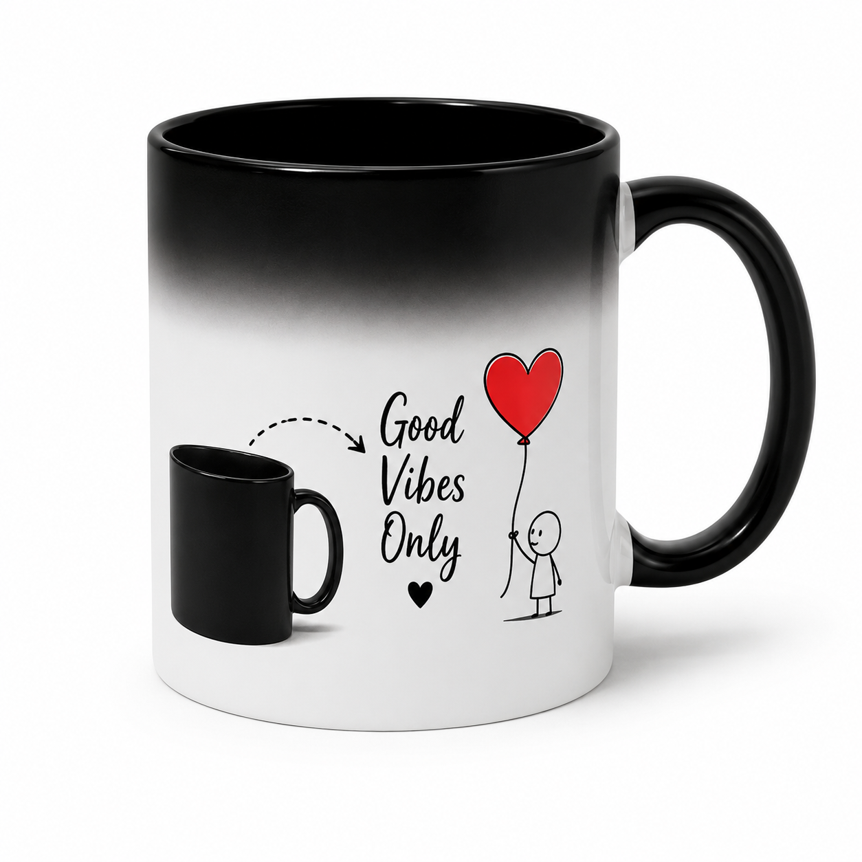 Magic colour-changing mug showing Good Vibes Only design when hot