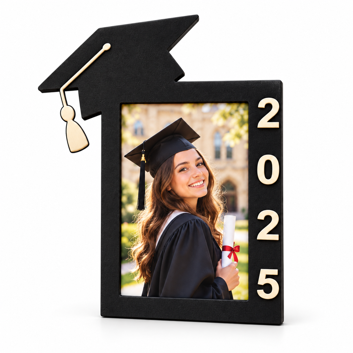 Graduation-cap photo frame with an example graduation portrait on a white background