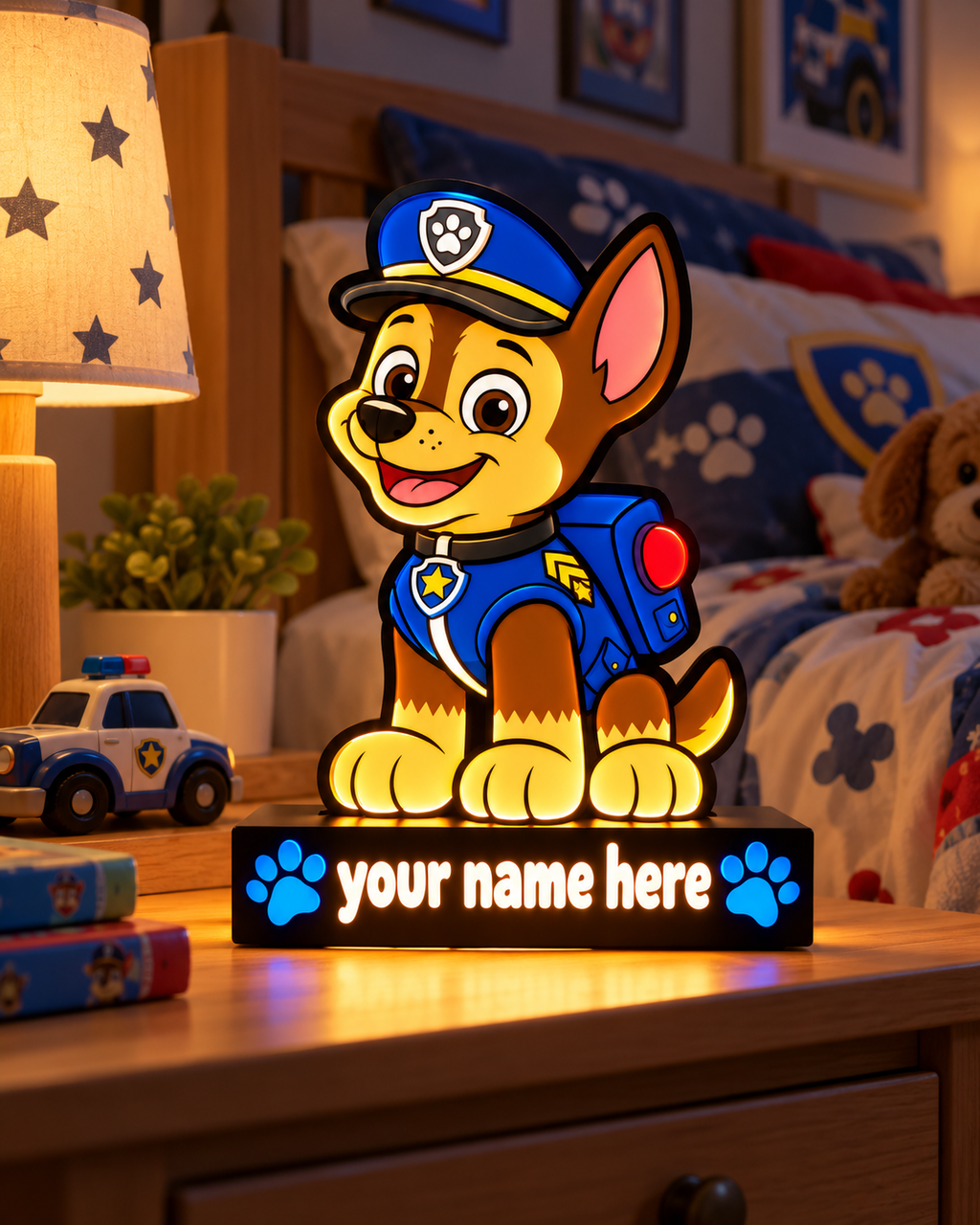 Personalised Chase LED lamp with illuminated name base on a white background