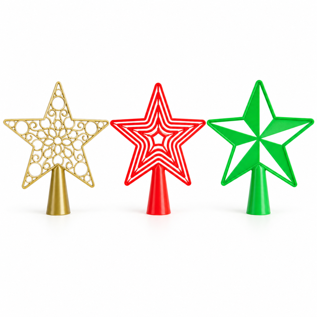 Christmas tree star toppers showing gold, red and green colour and design examples; sold individually