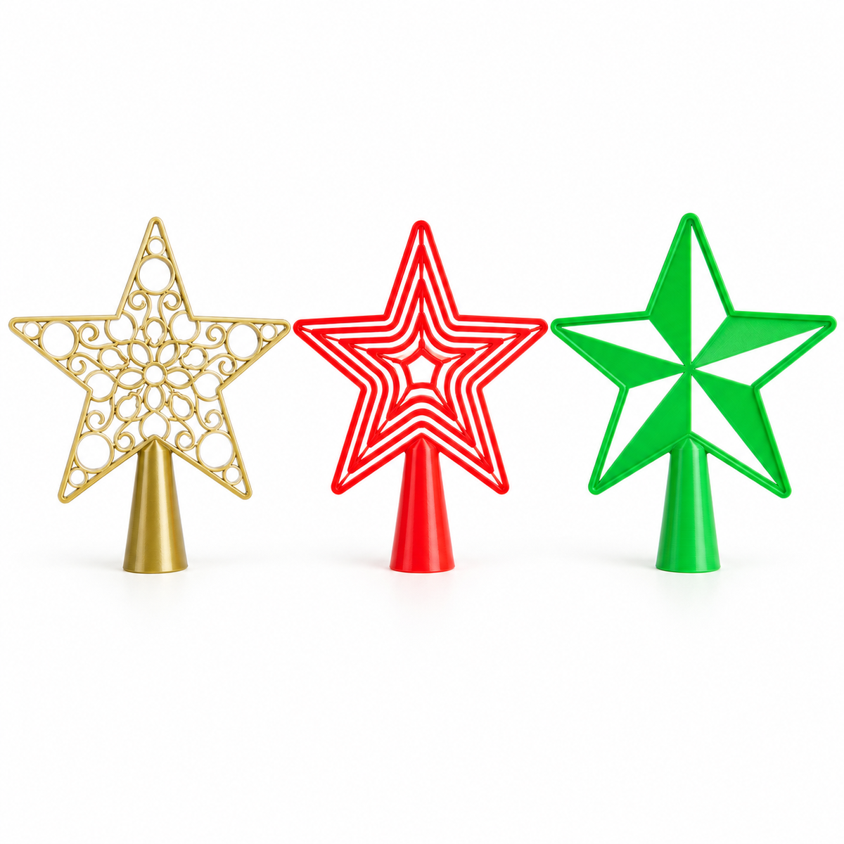 Christmas tree star toppers showing gold, red and green colour and design examples; sold individually