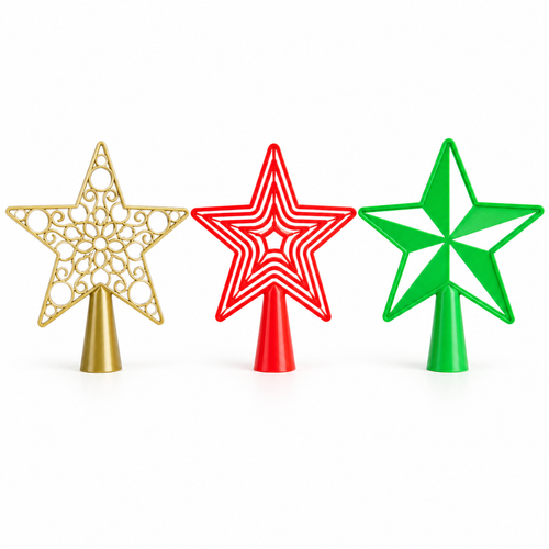 Christmas tree star toppers showing gold, red and green colour and design examples; sold individually