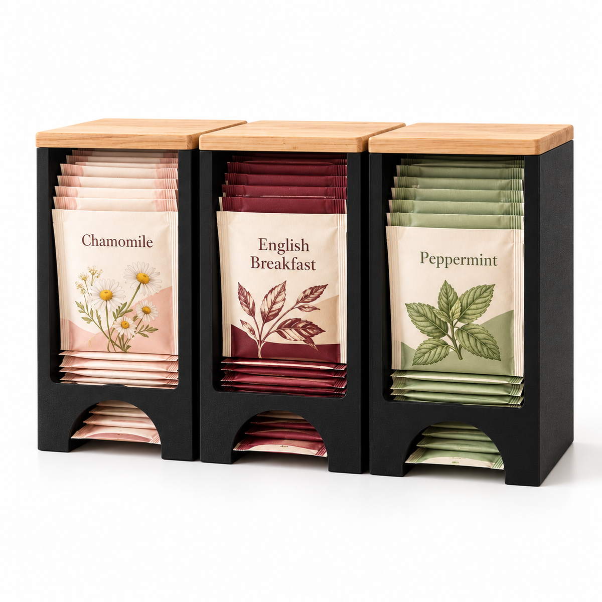 Three black tea bag organisers with wood-toned lids displaying tea sachets on a white background