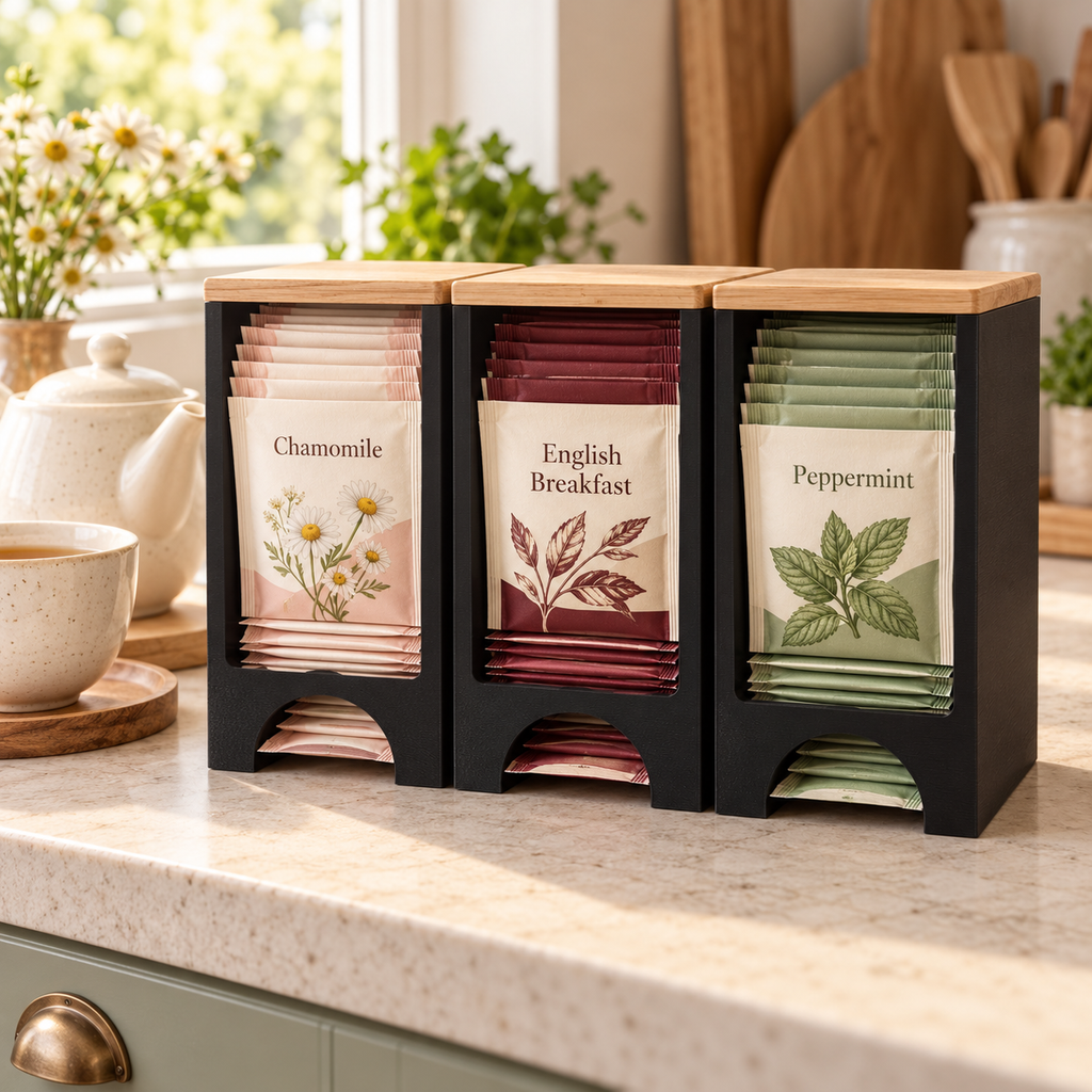 Three tea bag organisers displaying tea sachets on a kitchen countertop