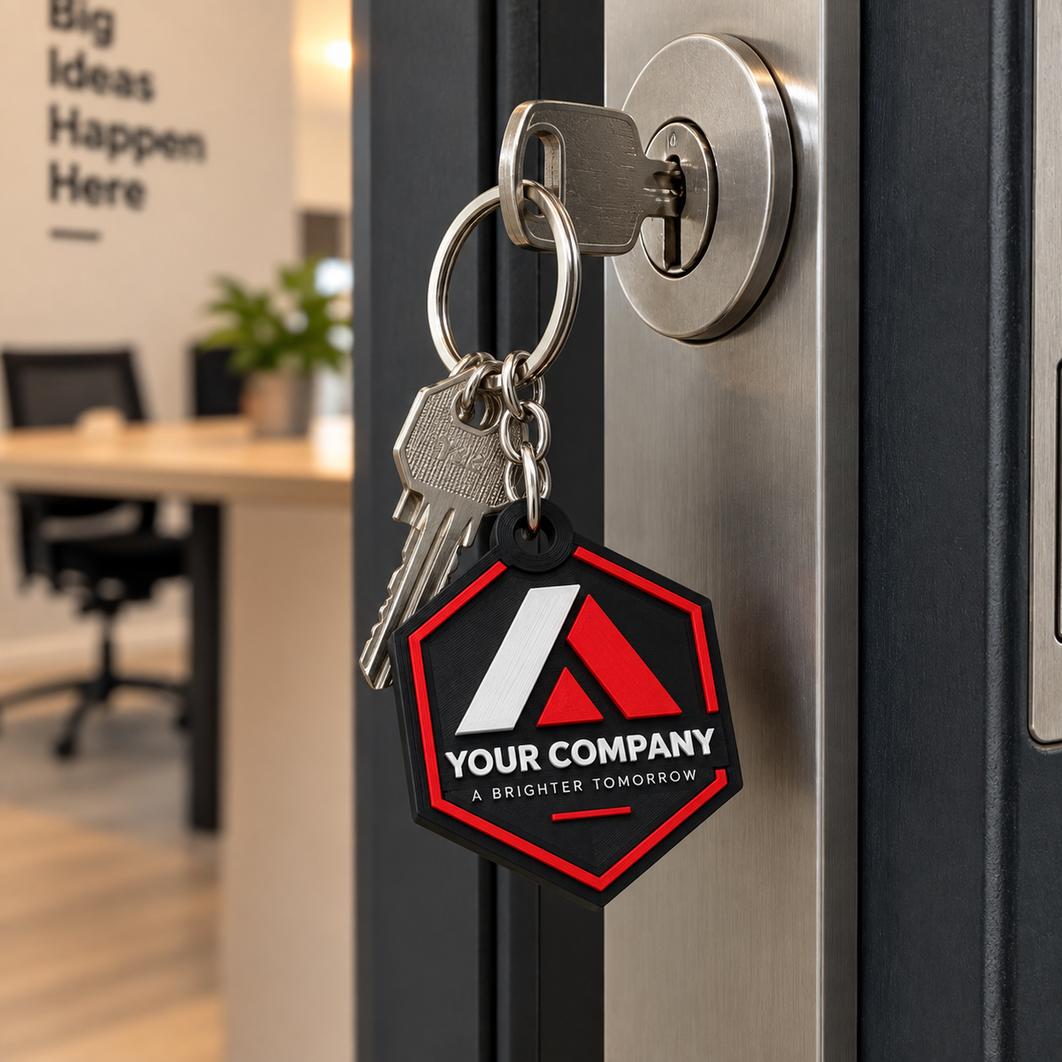Custom logo keyring in office door setting